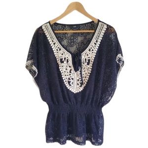 RAIN black crochet beaded elastic waist beachy cover up or top SM